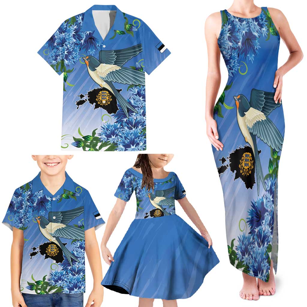 Personalized Estonia Family Matching Tank Maxi Dress and Hawaiian Shirt Barn Swallow Cornflower Flower