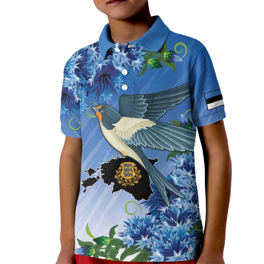 Personalized Estonia Kid Polo Shirt Barn Swallow Cornflower Flower