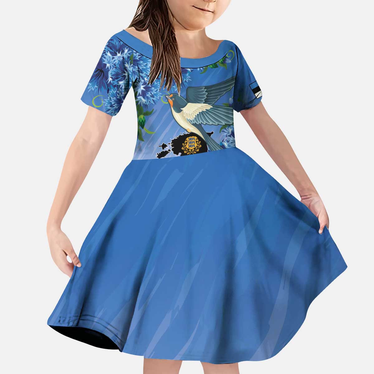 Personalized Estonia Kid Short Sleeve Dress Barn Swallow Cornflower Flower