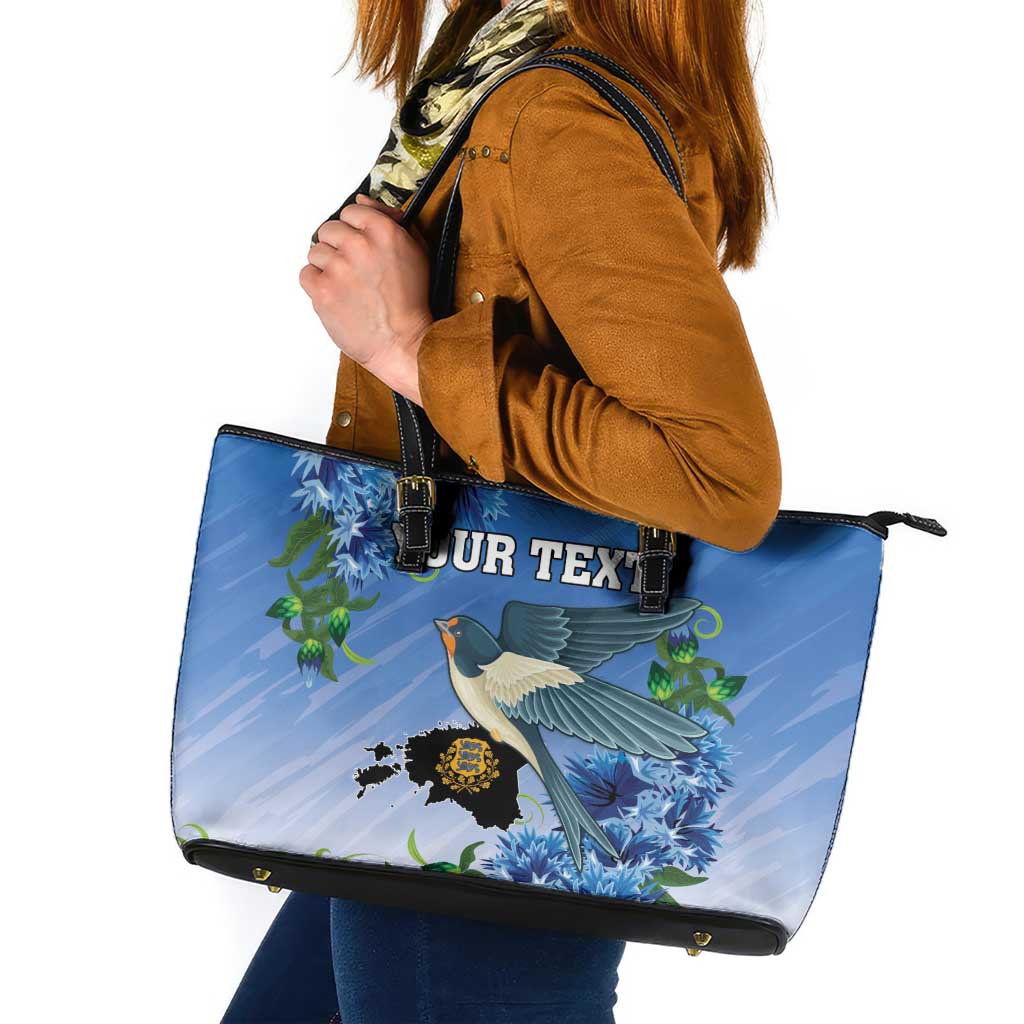 Personalized Estonia Leather Tote Bag Barn Swallow Cornflower Flower