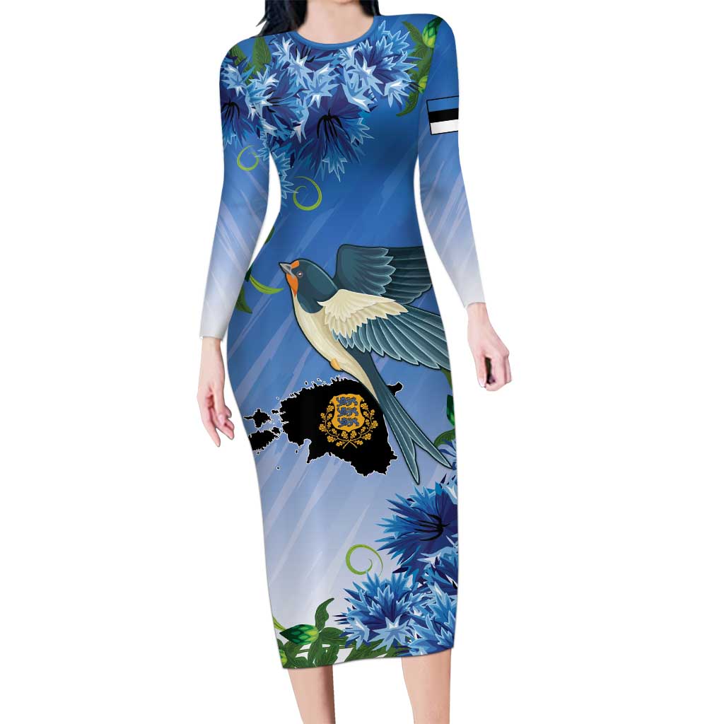 Personalized Estonia Long Sleeve Bodycon Dress Barn Swallow Cornflower Flower