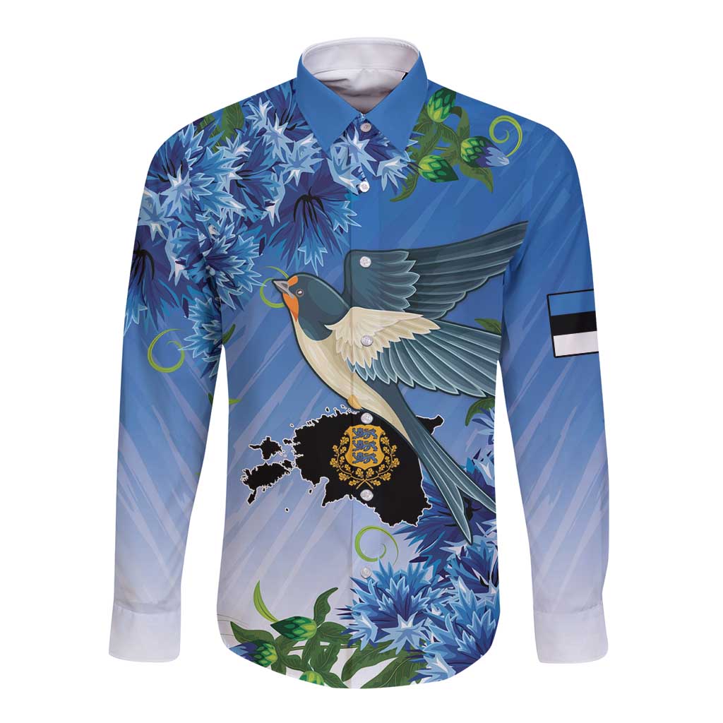Personalized Estonia Long Sleeve Button Shirt Barn Swallow Cornflower Flower