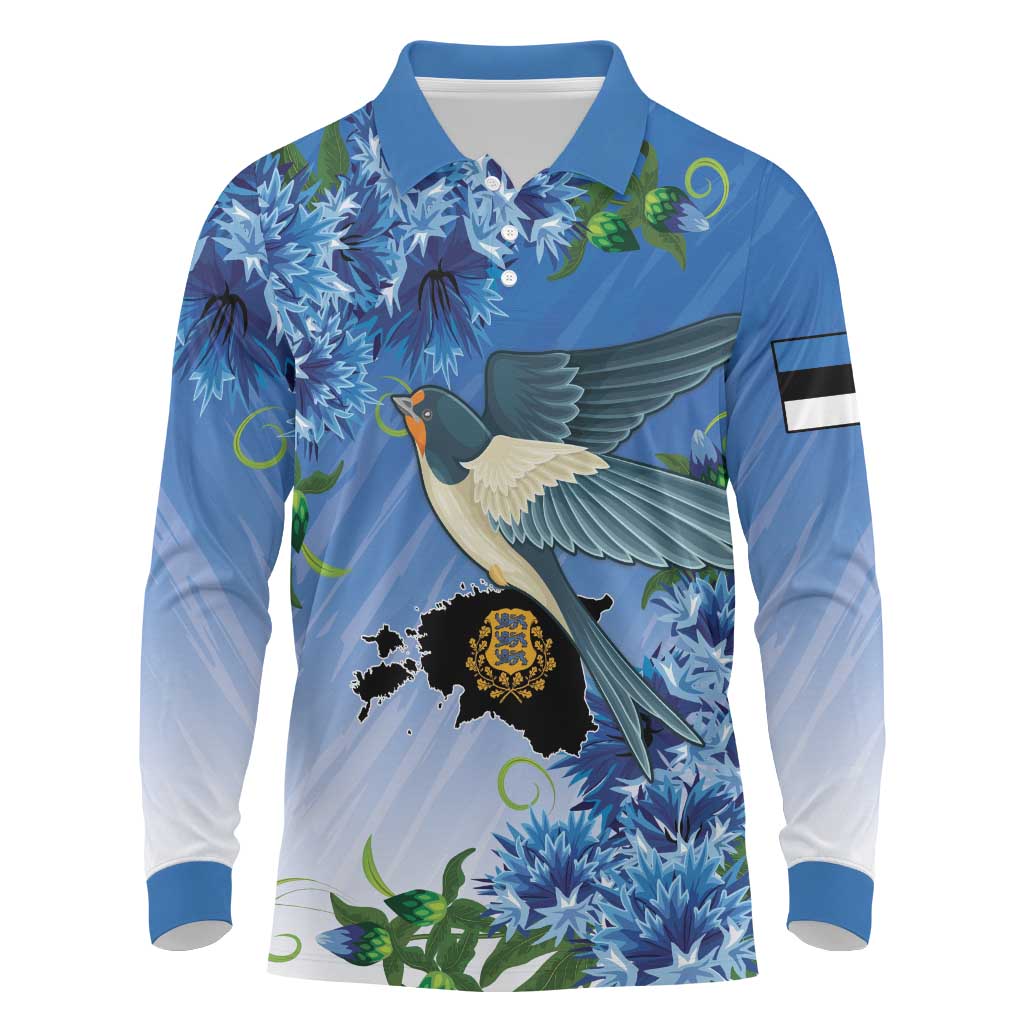 Personalized Estonia Long Sleeve Polo Shirt Barn Swallow Cornflower Flower