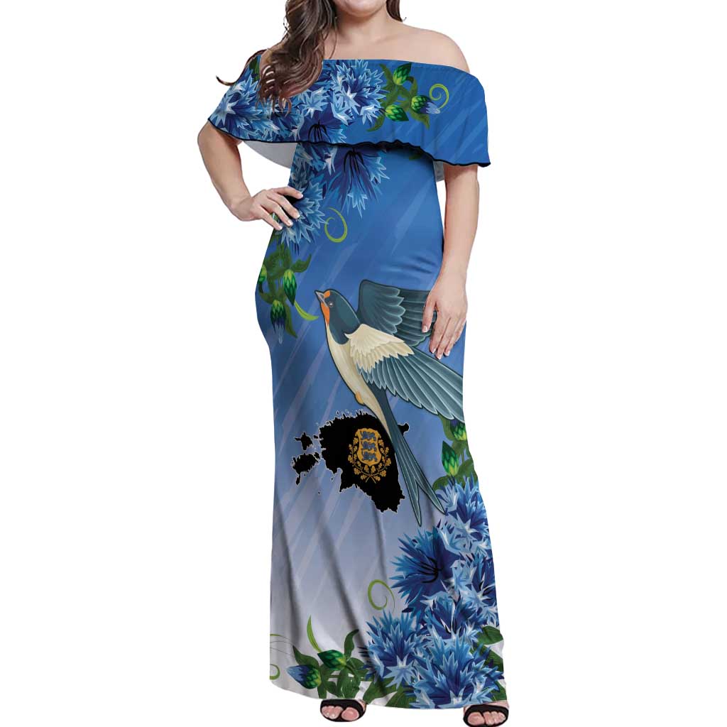 Personalized Estonia Off Shoulder Maxi Dress Barn Swallow Cornflower Flower