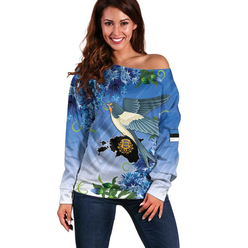 Personalized Estonia Off Shoulder Sweater Barn Swallow Cornflower Flower