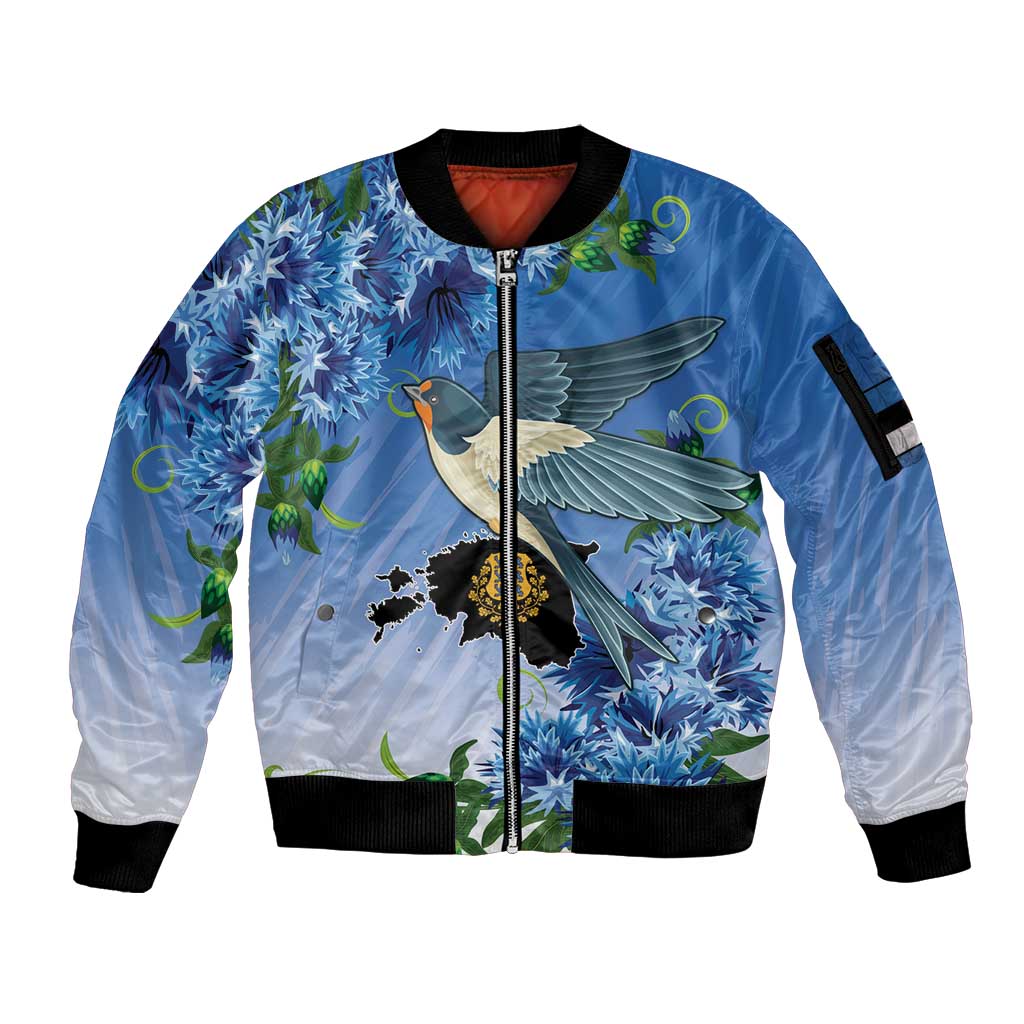 Personalized Estonia Sleeve Zip Bomber Jacket Barn Swallow Cornflower Flower