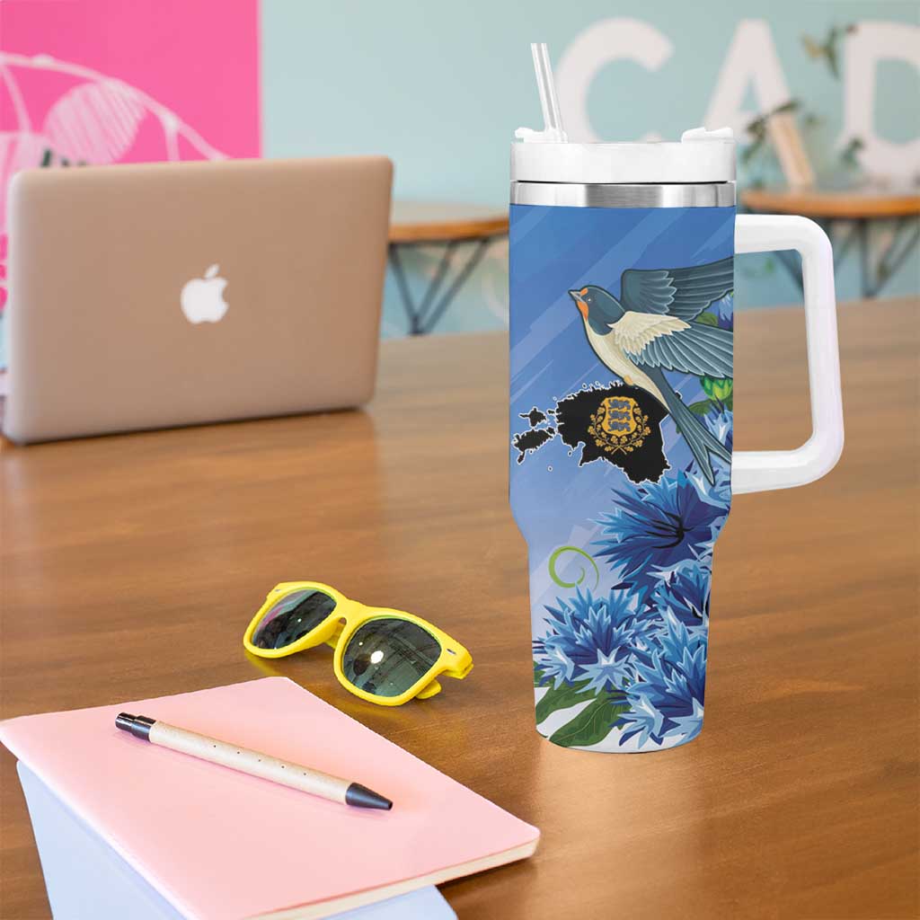 Personalized Estonia Tumbler With Handle Barn Swallow Cornflower Flower
