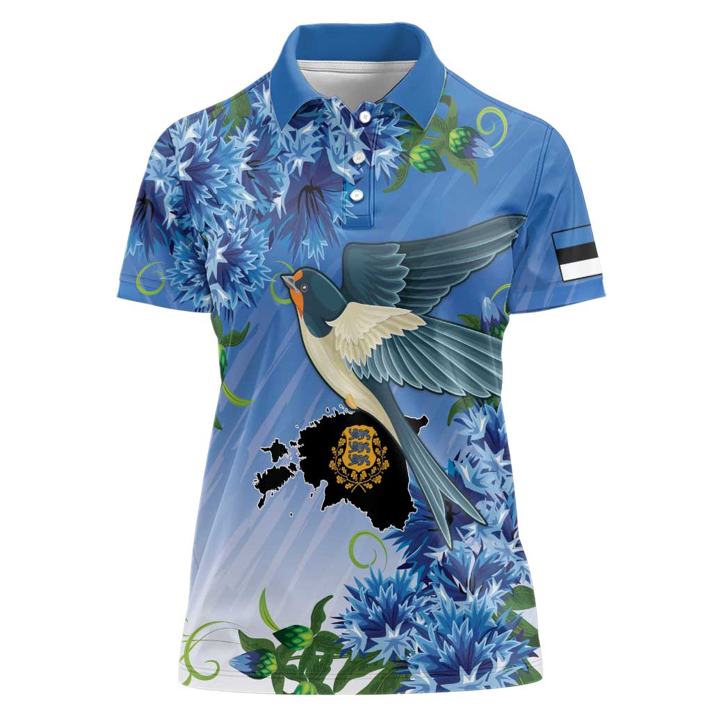 Personalized Estonia Women Polo Shirt Barn Swallow Cornflower Flower