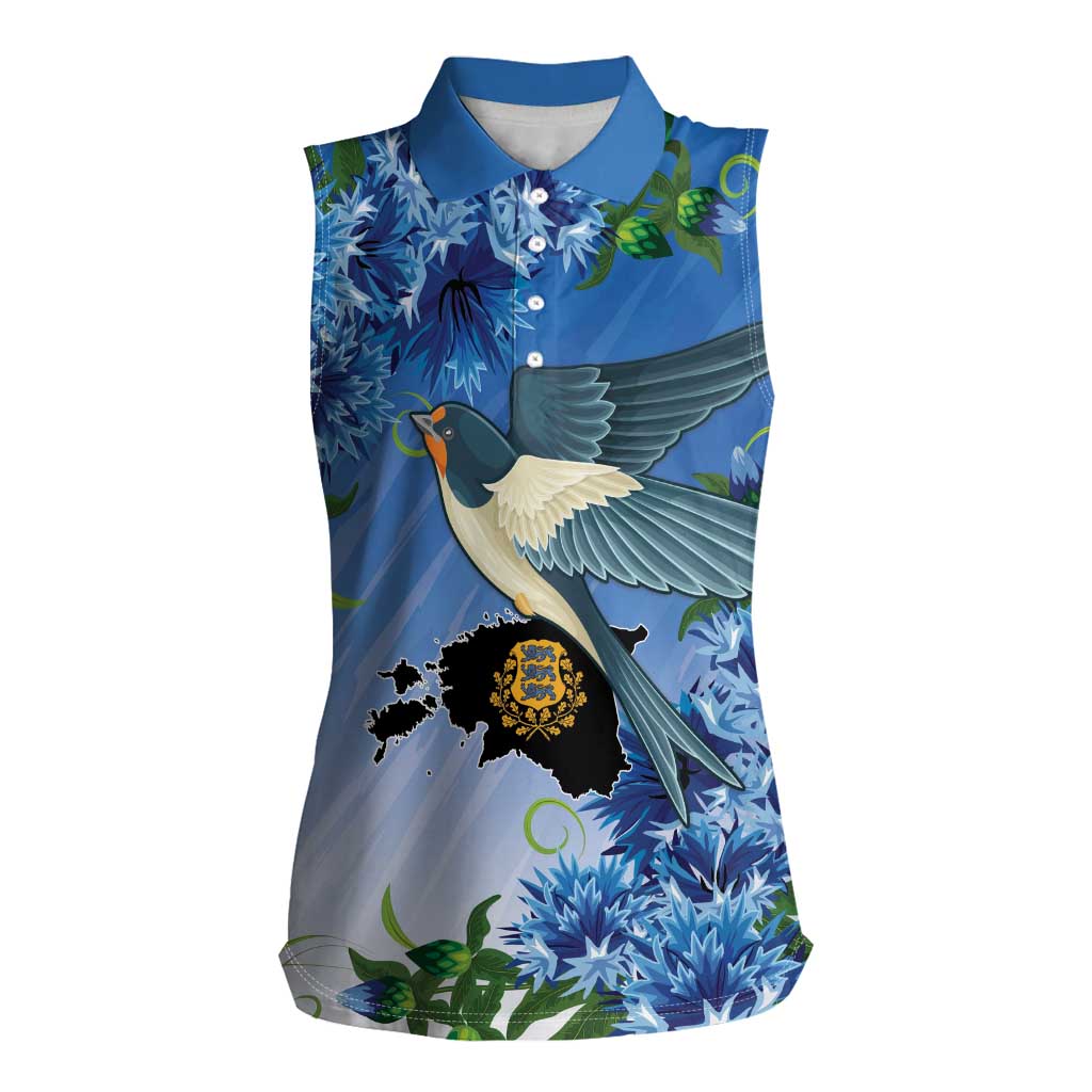Personalized Estonia Women Sleeveless Polo Shirt Barn Swallow Cornflower Flower