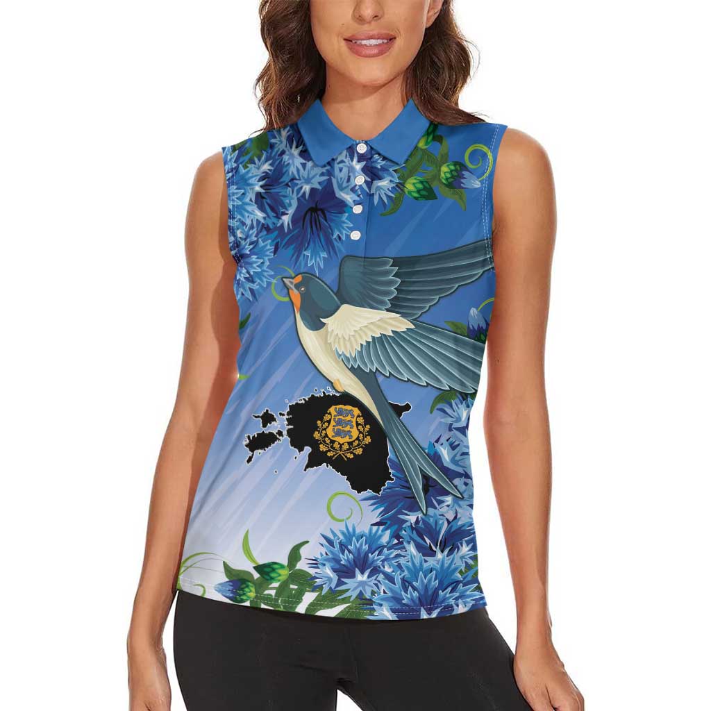 Personalized Estonia Women Sleeveless Polo Shirt Barn Swallow Cornflower Flower