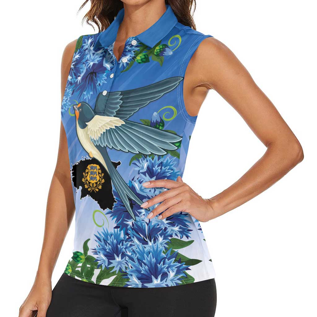 Personalized Estonia Women Sleeveless Polo Shirt Barn Swallow Cornflower Flower