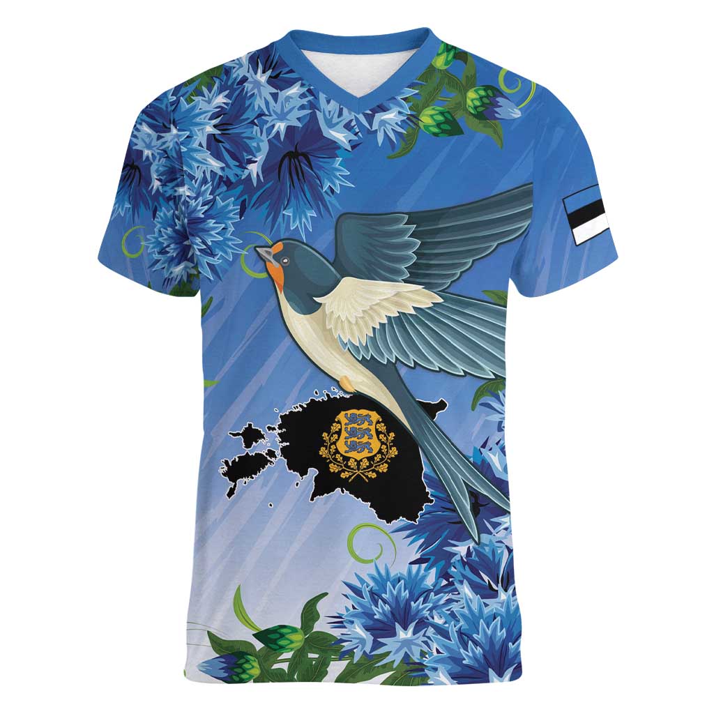 Personalized Estonia Women V-Neck T-Shirt Barn Swallow Cornflower Flower