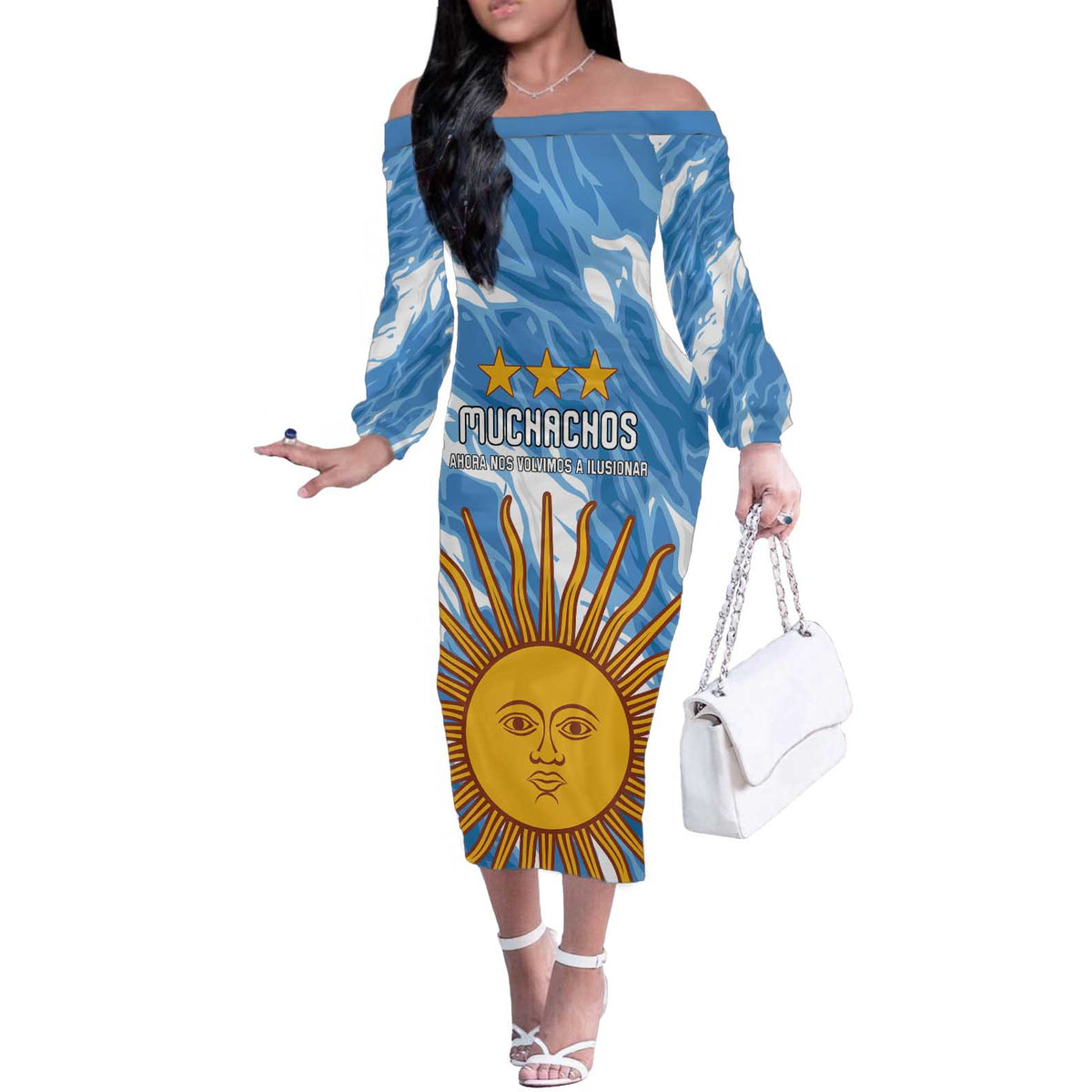 Custom Argentina Football Off The Shoulder Long Sleeve Dress Muchachos, Ahora Nos Volvimos a Ilusionar