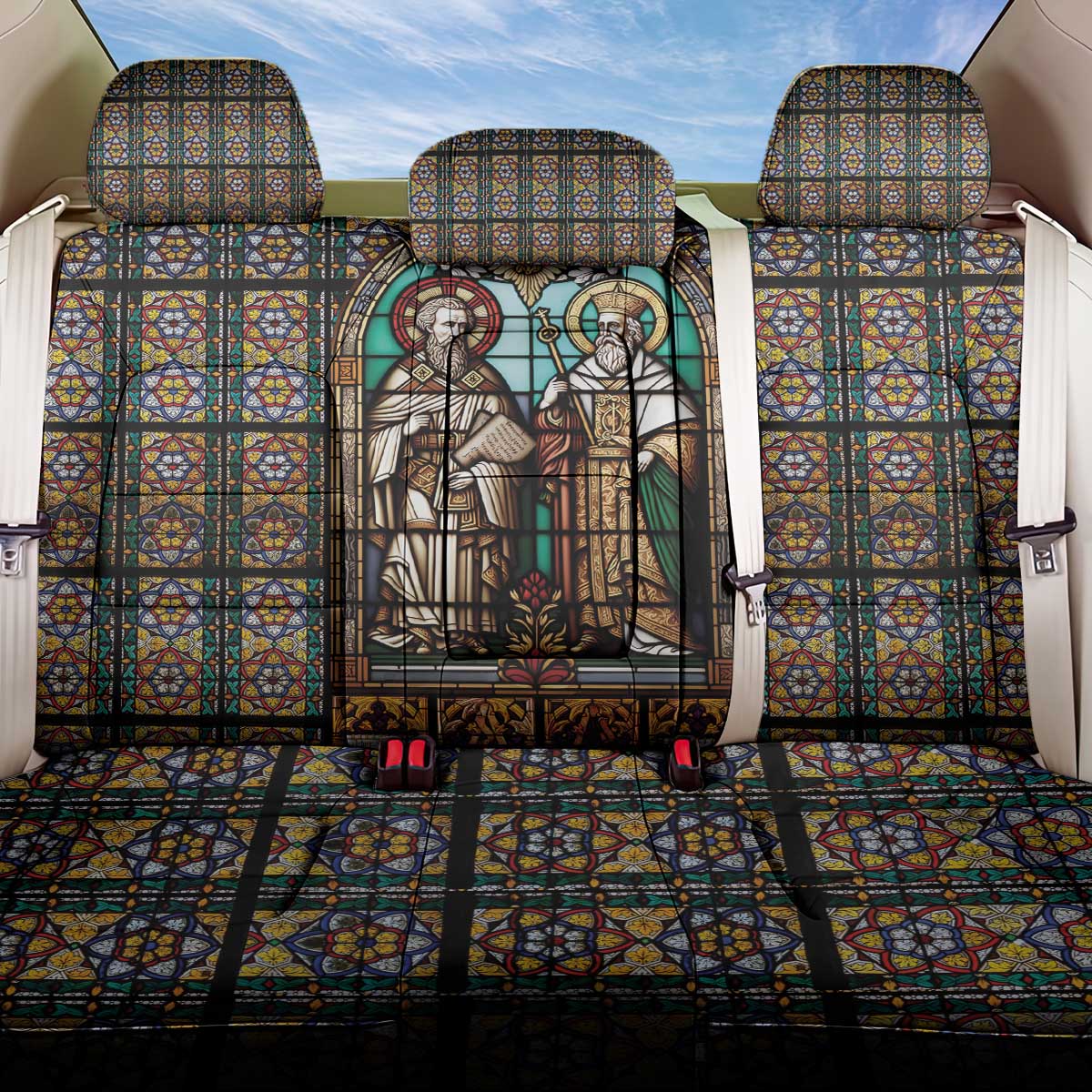 Happy Saints Cyril and Methodius Day Back Car Seat Cover Christian Stained-Glass Window