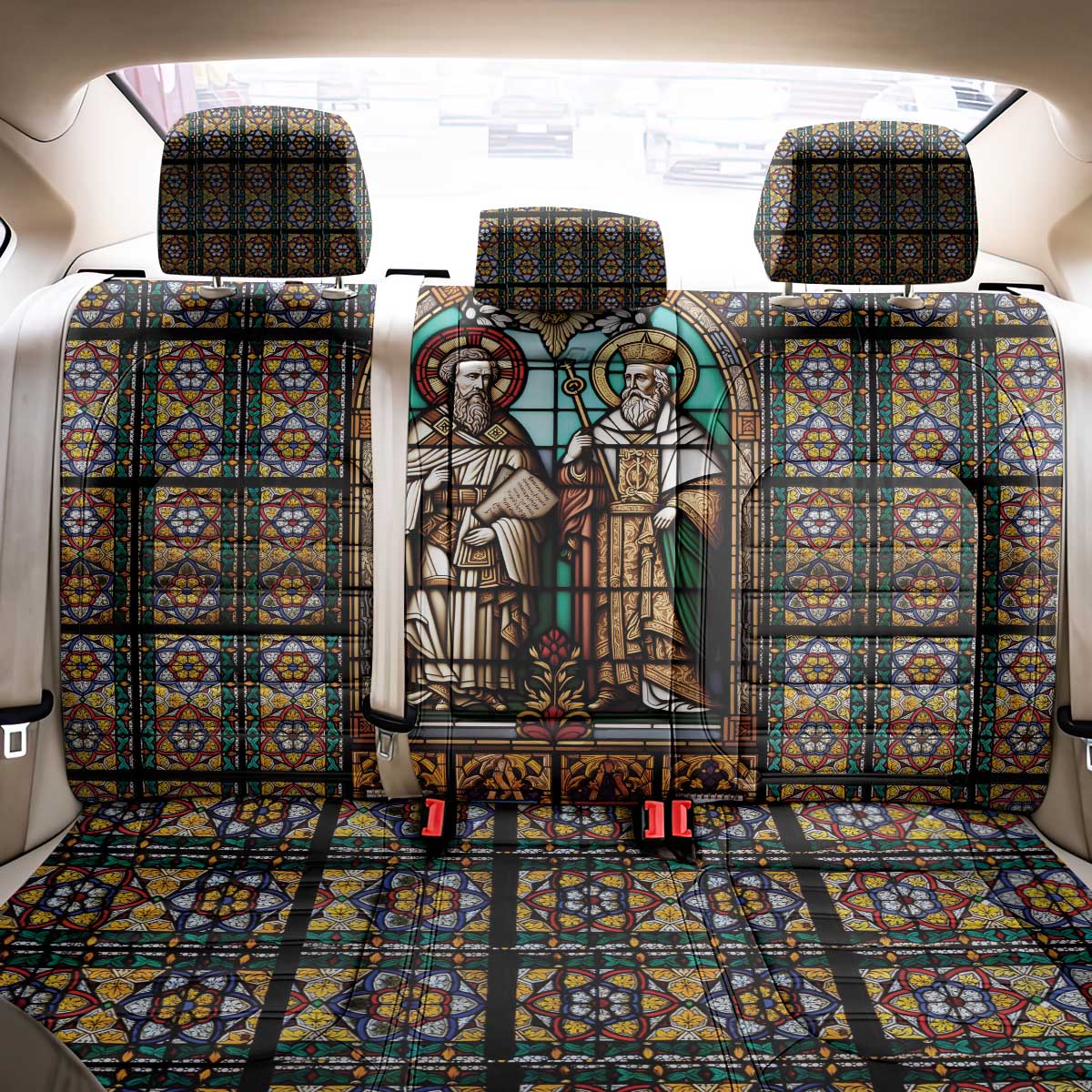 Happy Saints Cyril and Methodius Day Back Car Seat Cover Christian Stained-Glass Window