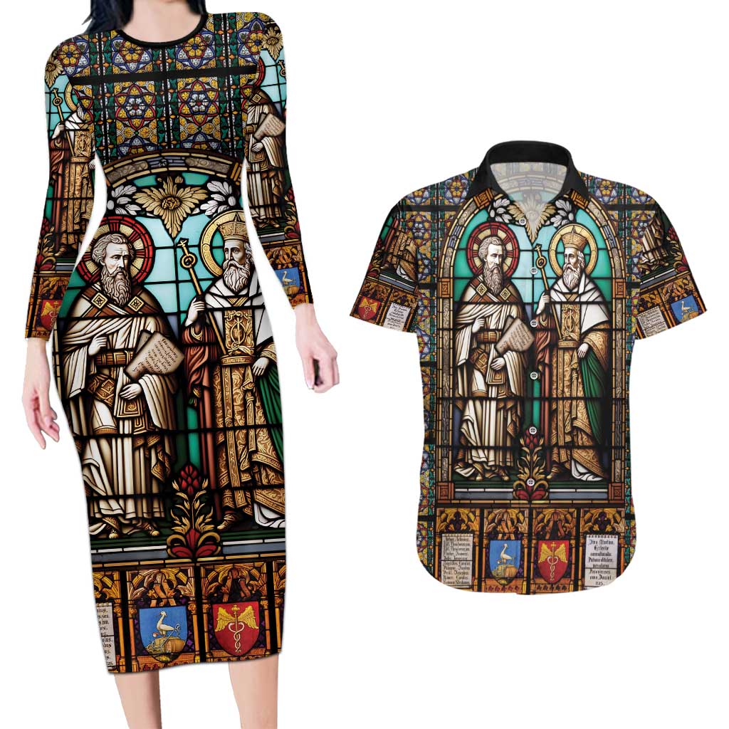 Happy Saints Cyril and Methodius Day Couples Matching Long Sleeve Bodycon Dress and Hawaiian Shirt Christian Stained-Glass Window