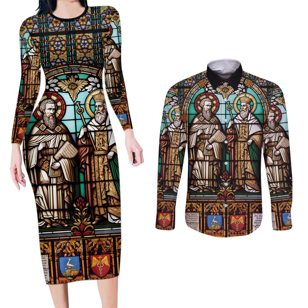 Happy Saints Cyril and Methodius Day Couples Matching Long Sleeve Bodycon Dress and Long Sleeve Button Shirt Christian Stained-Glass Window