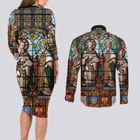Happy Saints Cyril and Methodius Day Couples Matching Long Sleeve Bodycon Dress and Long Sleeve Button Shirt Christian Stained-Glass Window