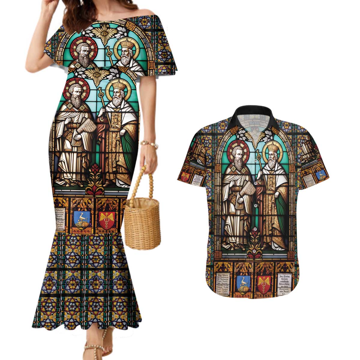 Happy Saints Cyril and Methodius Day Couples Matching Mermaid Dress and Hawaiian Shirt Christian Stained-Glass Window