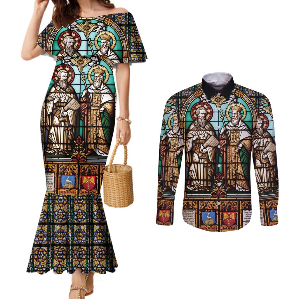 Happy Saints Cyril and Methodius Day Couples Matching Mermaid Dress and Long Sleeve Button Shirt Christian Stained-Glass Window