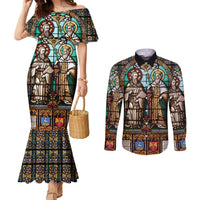 Happy Saints Cyril and Methodius Day Couples Matching Mermaid Dress and Long Sleeve Button Shirt Christian Stained-Glass Window
