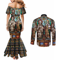 Happy Saints Cyril and Methodius Day Couples Matching Mermaid Dress and Long Sleeve Button Shirt Christian Stained-Glass Window