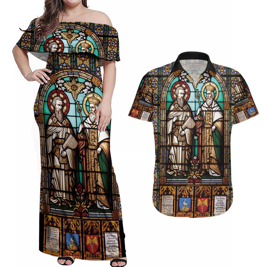 Happy Saints Cyril and Methodius Day Couples Matching Off Shoulder Maxi Dress and Hawaiian Shirt Christian Stained-Glass Window