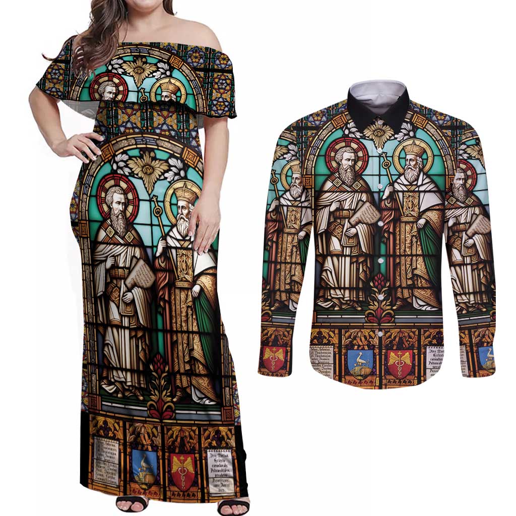 Happy Saints Cyril and Methodius Day Couples Matching Off Shoulder Maxi Dress and Long Sleeve Button Shirt Christian Stained-Glass Window
