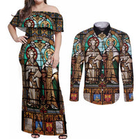 Happy Saints Cyril and Methodius Day Couples Matching Off Shoulder Maxi Dress and Long Sleeve Button Shirt Christian Stained-Glass Window