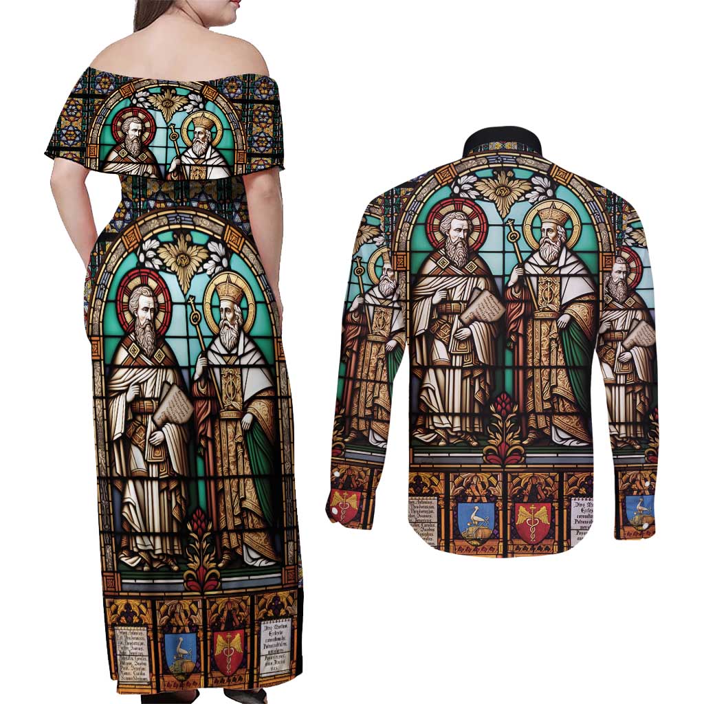 Happy Saints Cyril and Methodius Day Couples Matching Off Shoulder Maxi Dress and Long Sleeve Button Shirt Christian Stained-Glass Window