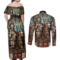 Happy Saints Cyril and Methodius Day Couples Matching Off Shoulder Maxi Dress and Long Sleeve Button Shirt Christian Stained-Glass Window