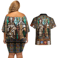 Happy Saints Cyril and Methodius Day Couples Matching Off Shoulder Short Dress and Hawaiian Shirt Christian Stained-Glass Window