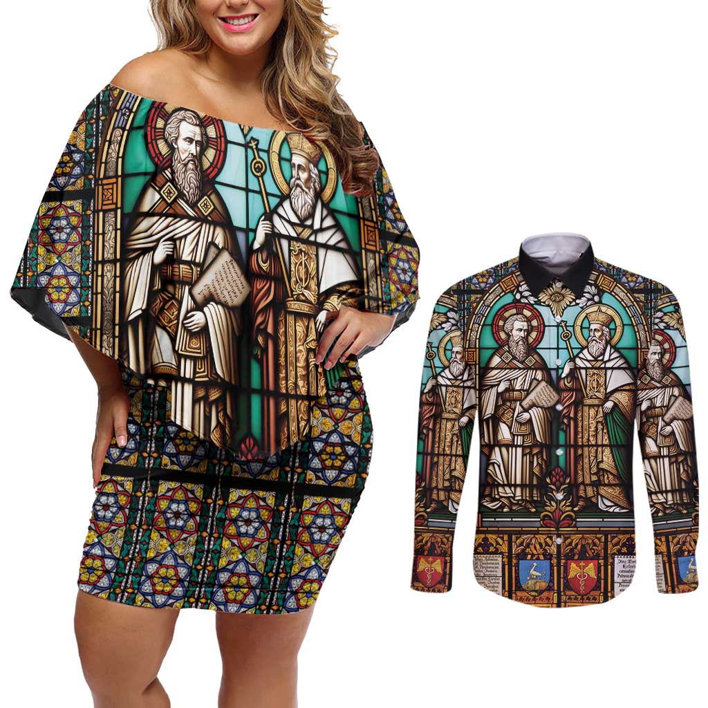 Happy Saints Cyril and Methodius Day Couples Matching Off Shoulder Short Dress and Long Sleeve Button Shirt Christian Stained-Glass Window