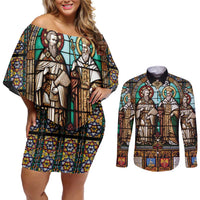 Happy Saints Cyril and Methodius Day Couples Matching Off Shoulder Short Dress and Long Sleeve Button Shirt Christian Stained-Glass Window
