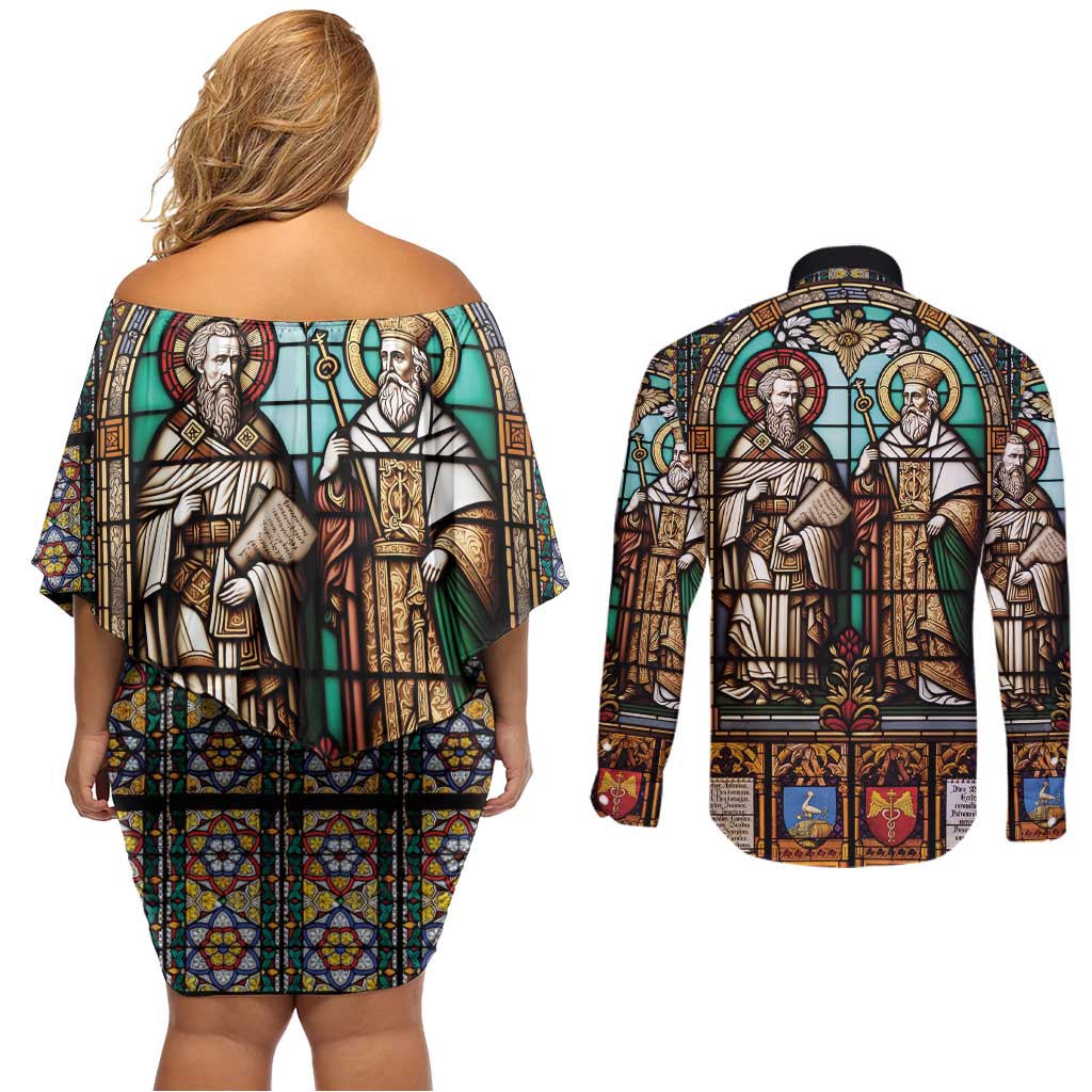 Happy Saints Cyril and Methodius Day Couples Matching Off Shoulder Short Dress and Long Sleeve Button Shirt Christian Stained-Glass Window