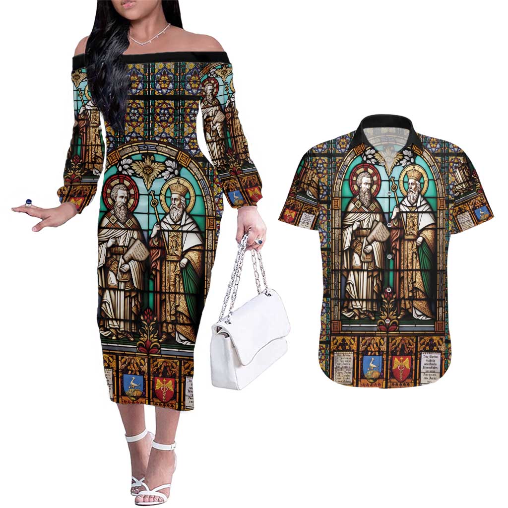 Happy Saints Cyril and Methodius Day Couples Matching Off The Shoulder Long Sleeve Dress and Hawaiian Shirt Christian Stained-Glass Window