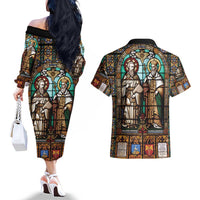 Happy Saints Cyril and Methodius Day Couples Matching Off The Shoulder Long Sleeve Dress and Hawaiian Shirt Christian Stained-Glass Window