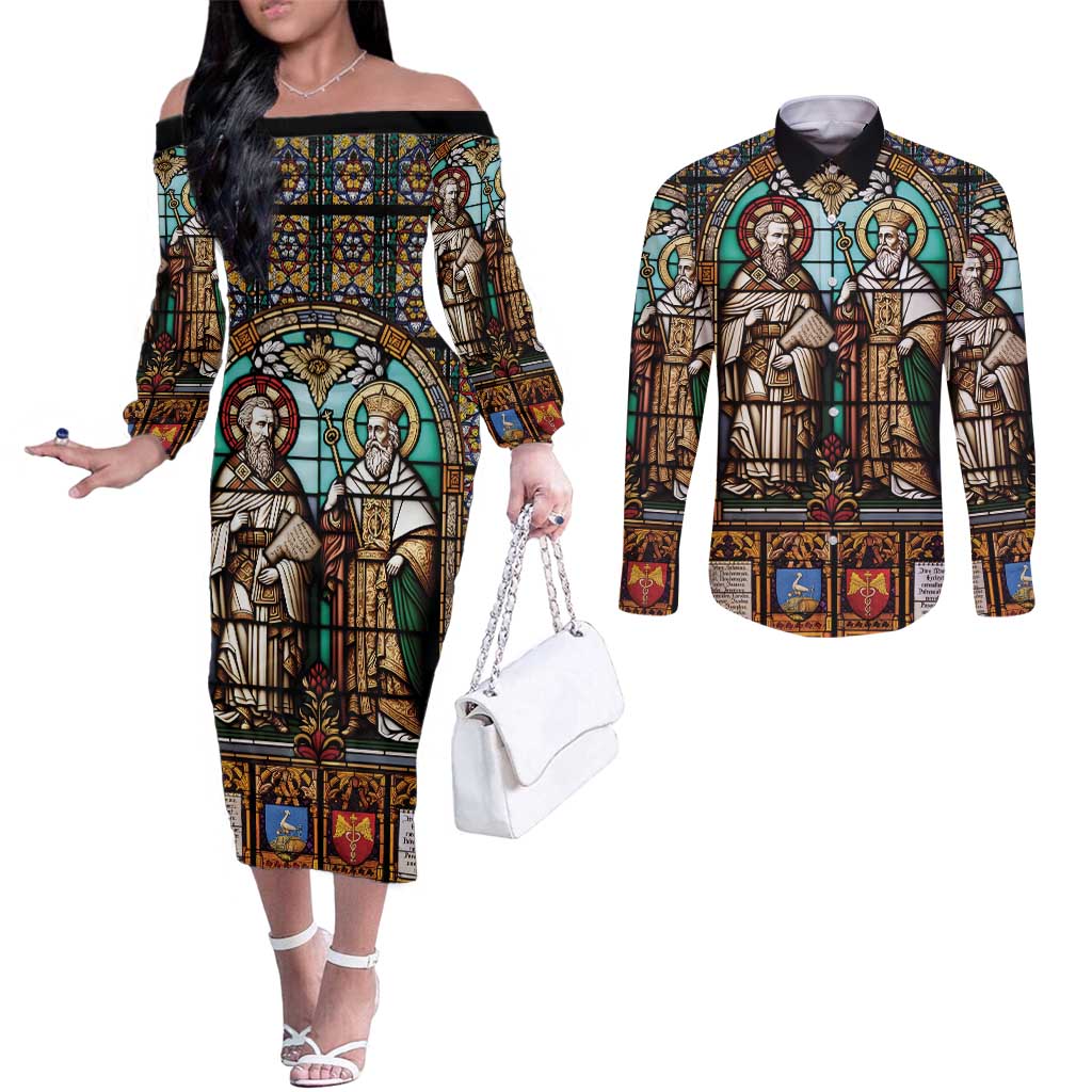 Happy Saints Cyril and Methodius Day Couples Matching Off The Shoulder Long Sleeve Dress and Long Sleeve Button Shirt Christian Stained-Glass Window