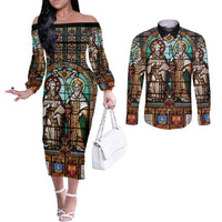 Happy Saints Cyril and Methodius Day Couples Matching Off The Shoulder Long Sleeve Dress and Long Sleeve Button Shirt Christian Stained-Glass Window
