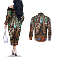 Happy Saints Cyril and Methodius Day Couples Matching Off The Shoulder Long Sleeve Dress and Long Sleeve Button Shirt Christian Stained-Glass Window