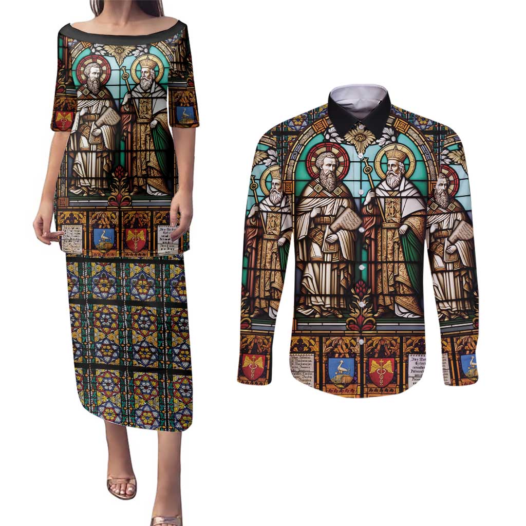 Happy Saints Cyril and Methodius Day Couples Matching Puletasi and Long Sleeve Button Shirt Christian Stained-Glass Window
