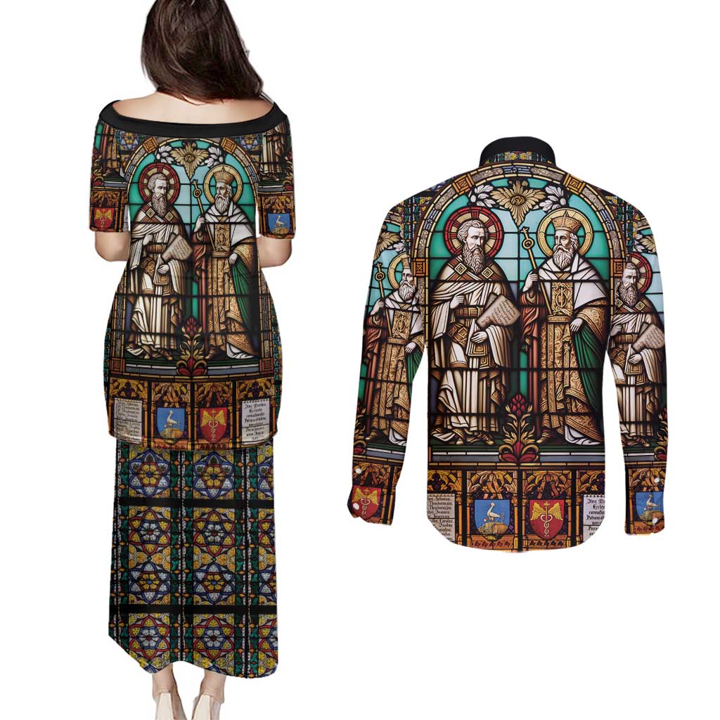 Happy Saints Cyril and Methodius Day Couples Matching Puletasi and Long Sleeve Button Shirt Christian Stained-Glass Window