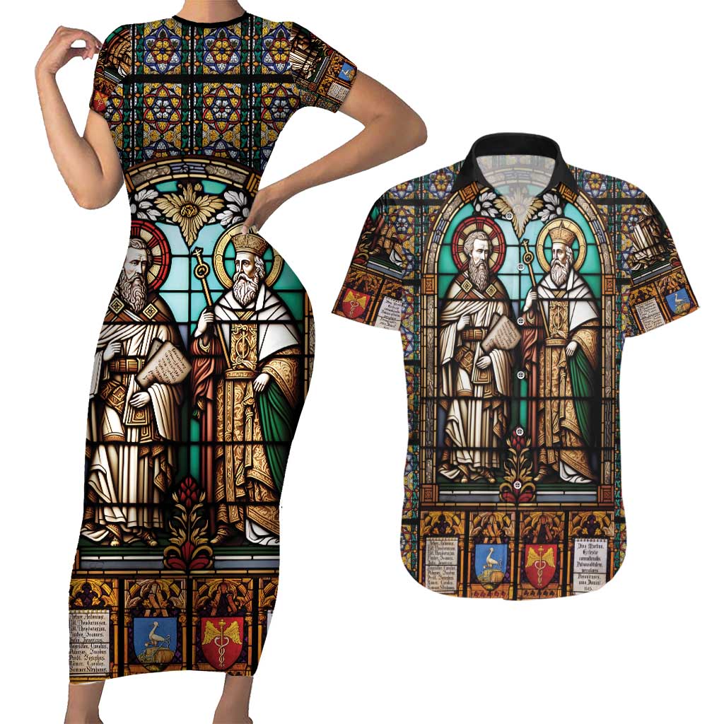 Happy Saints Cyril and Methodius Day Couples Matching Short Sleeve Bodycon Dress and Hawaiian Shirt Christian Stained-Glass Window