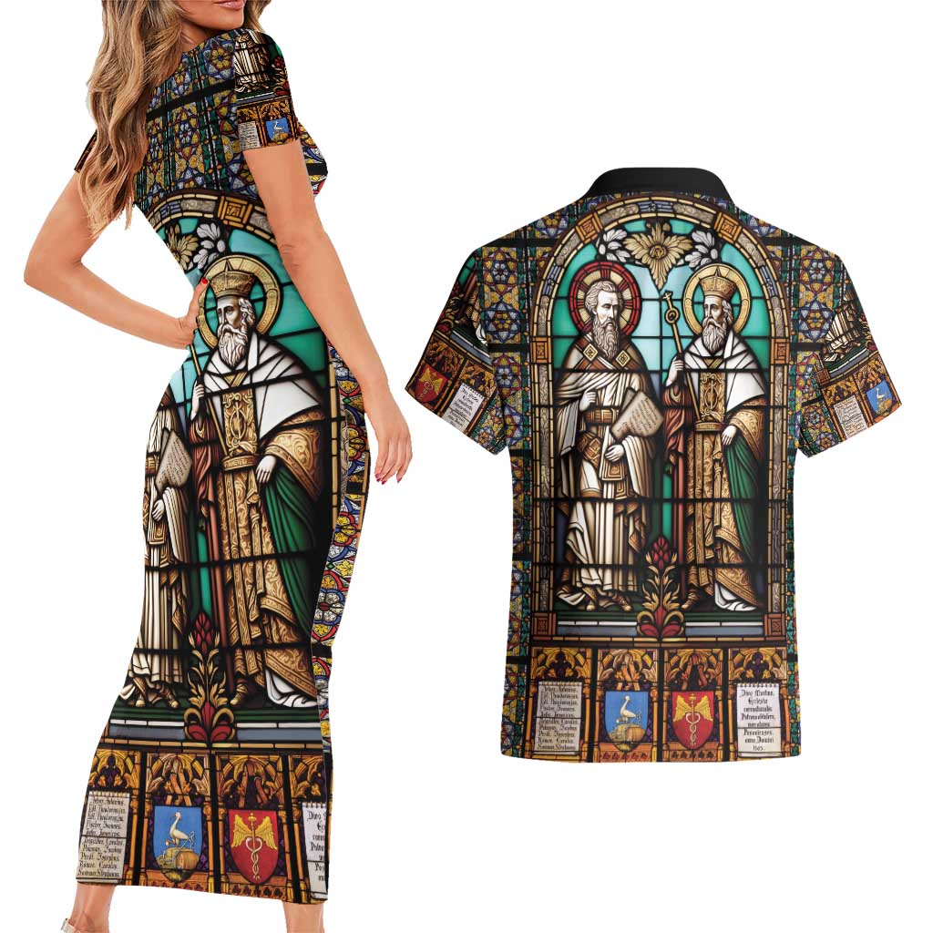Happy Saints Cyril and Methodius Day Couples Matching Short Sleeve Bodycon Dress and Hawaiian Shirt Christian Stained-Glass Window
