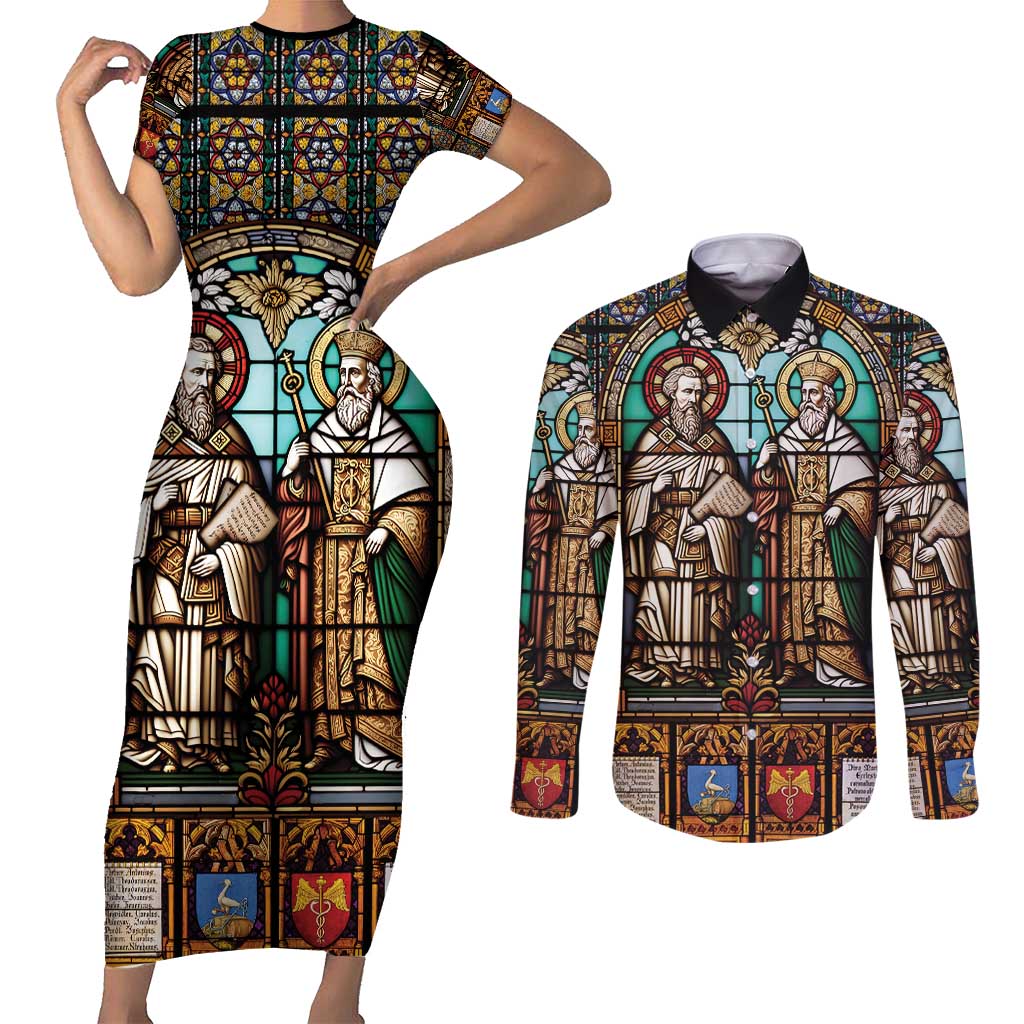 Happy Saints Cyril and Methodius Day Couples Matching Short Sleeve Bodycon Dress and Long Sleeve Button Shirt Christian Stained-Glass Window