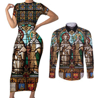 Happy Saints Cyril and Methodius Day Couples Matching Short Sleeve Bodycon Dress and Long Sleeve Button Shirt Christian Stained-Glass Window