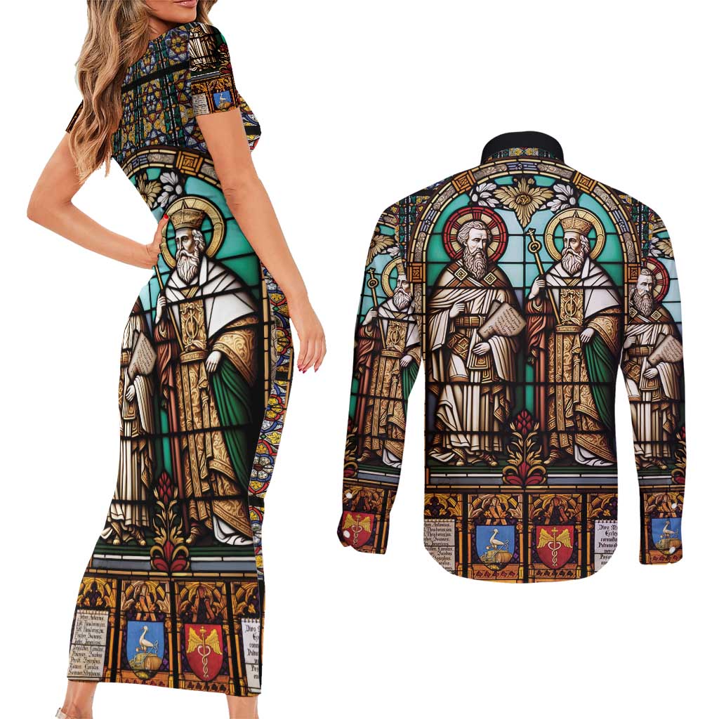 Happy Saints Cyril and Methodius Day Couples Matching Short Sleeve Bodycon Dress and Long Sleeve Button Shirt Christian Stained-Glass Window