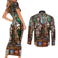 Happy Saints Cyril and Methodius Day Couples Matching Short Sleeve Bodycon Dress and Long Sleeve Button Shirt Christian Stained-Glass Window