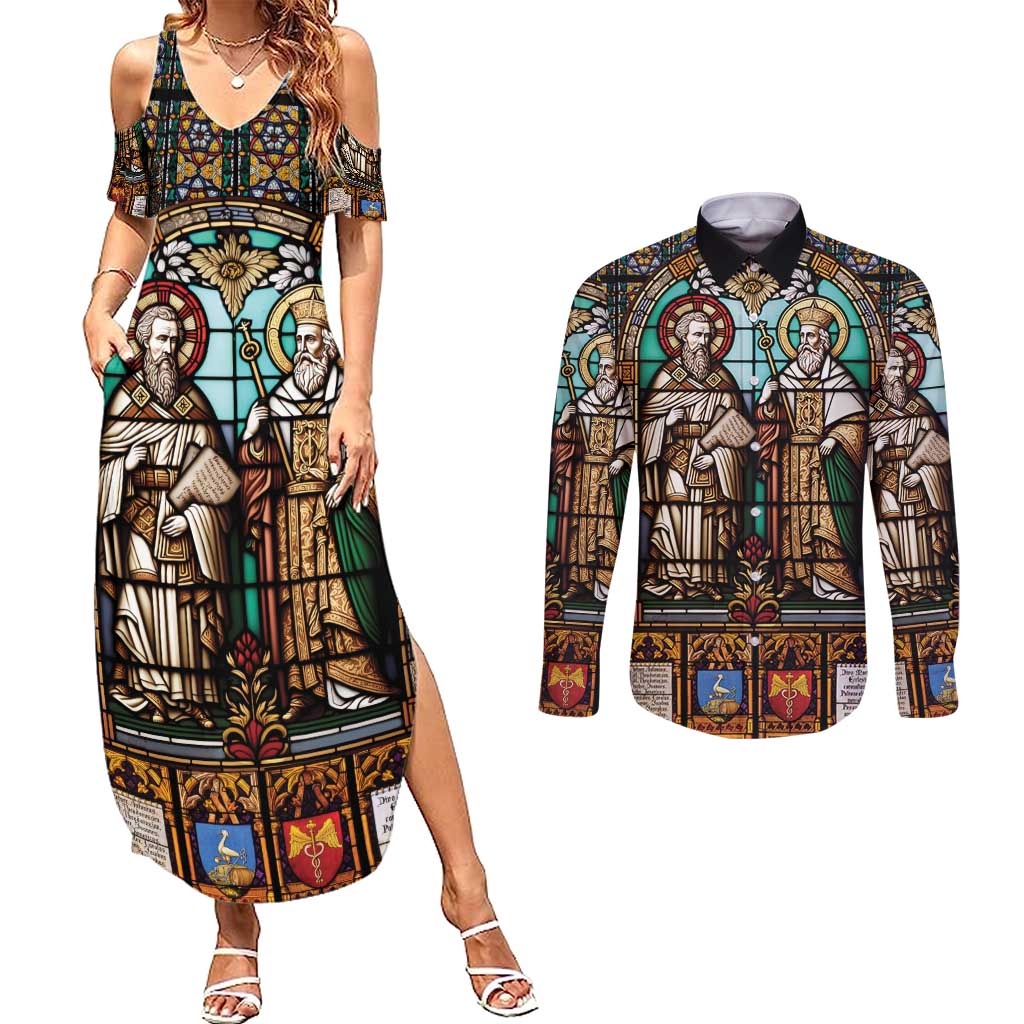Happy Saints Cyril and Methodius Day Couples Matching Summer Maxi Dress and Long Sleeve Button Shirt Christian Stained-Glass Window