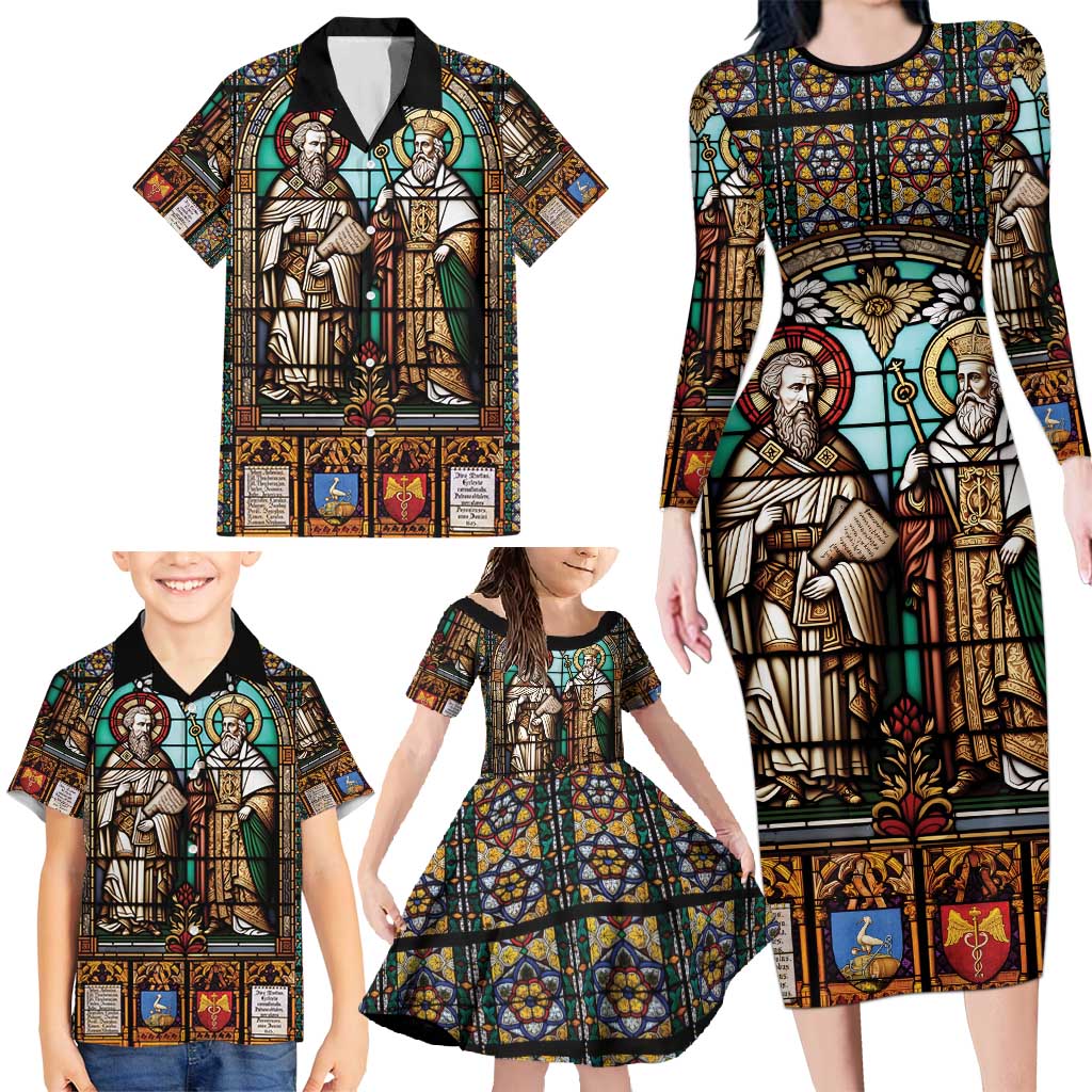 Happy Saints Cyril and Methodius Day Family Matching Long Sleeve Bodycon Dress and Hawaiian Shirt Christian Stained-Glass Window